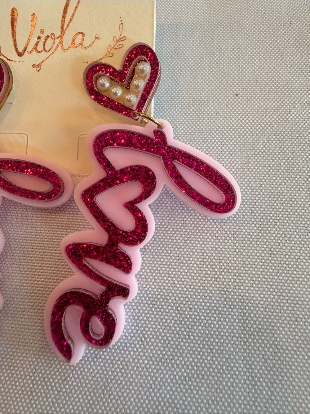 NWT Viola Pink Glitter 'Love' Drop Statement Earrings 3” Long - Picture 2 of 4